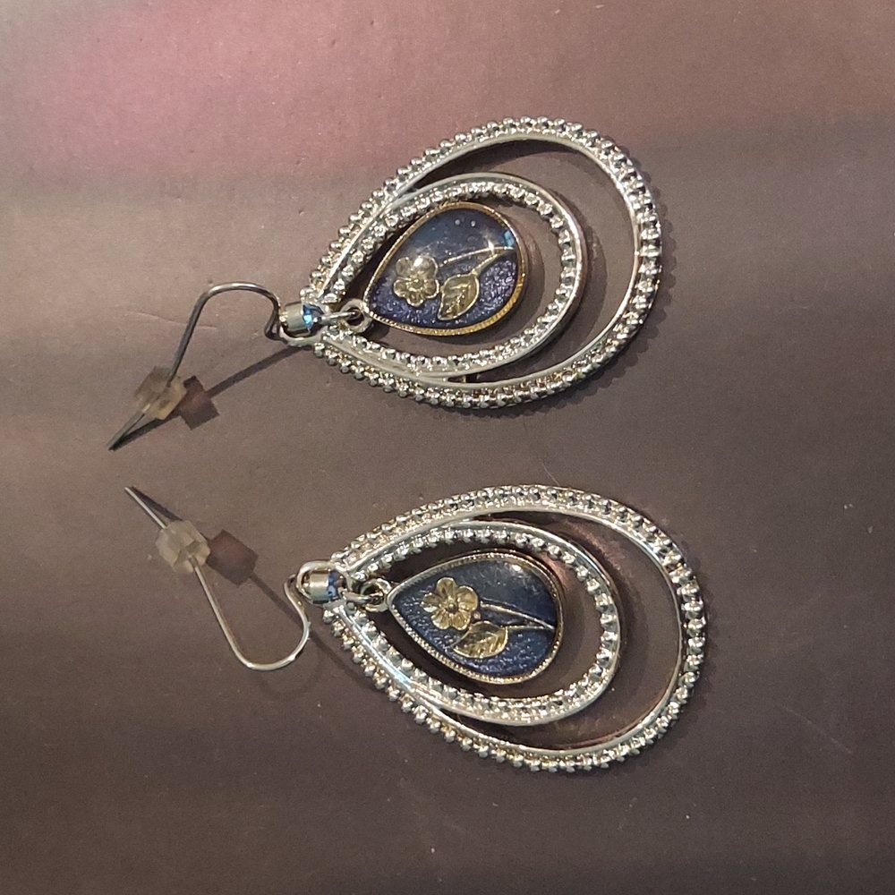 1928 Jewelry Floral Silver Tone & Blue Crystal Layered Open Teardrop Earrings